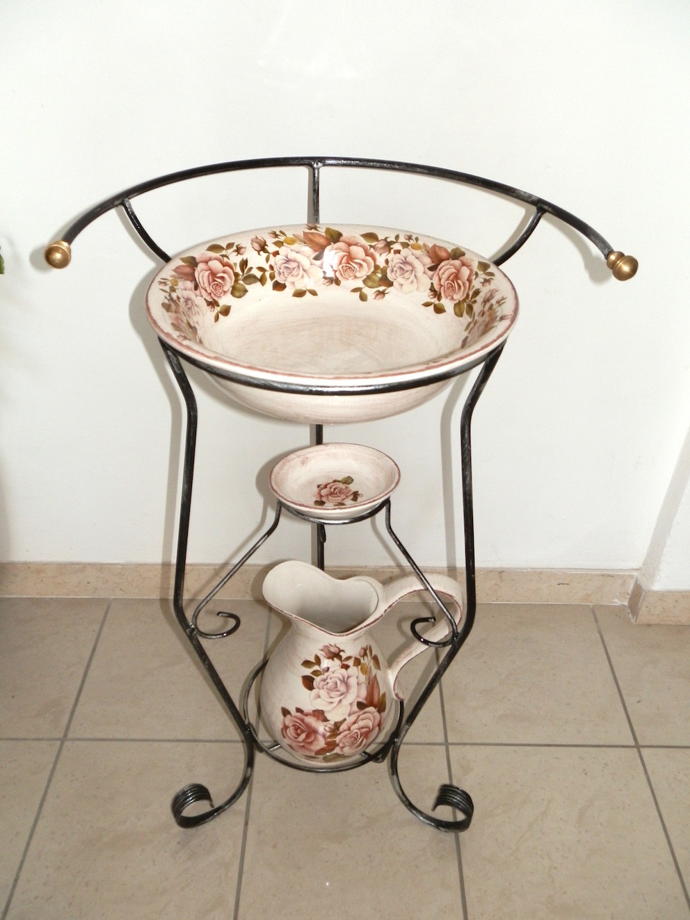 Set Toilette Completo In Ceramica Bianca Toscana E Ferro Battuto, 3 Pezzi, Arterameferro, Made In Italy - 2
