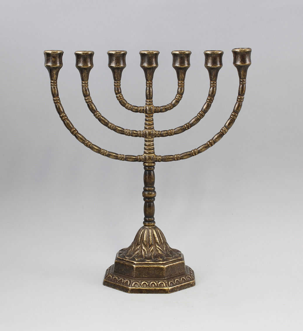 Menorah Ebraica A 7 Rami Con Base Esagonale E Simboli Delle 12 Tribù Di Israele, Portacandele Tradizionale In Oro Per Hanukkah - 17 Cm, Da Gerusalemme