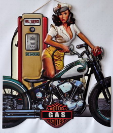 TD Nostalgie Targa In Metallo Retrò 79x43 Cm Con Pin Up Girl E Scritta Gasoline, Decorazione Da Parete